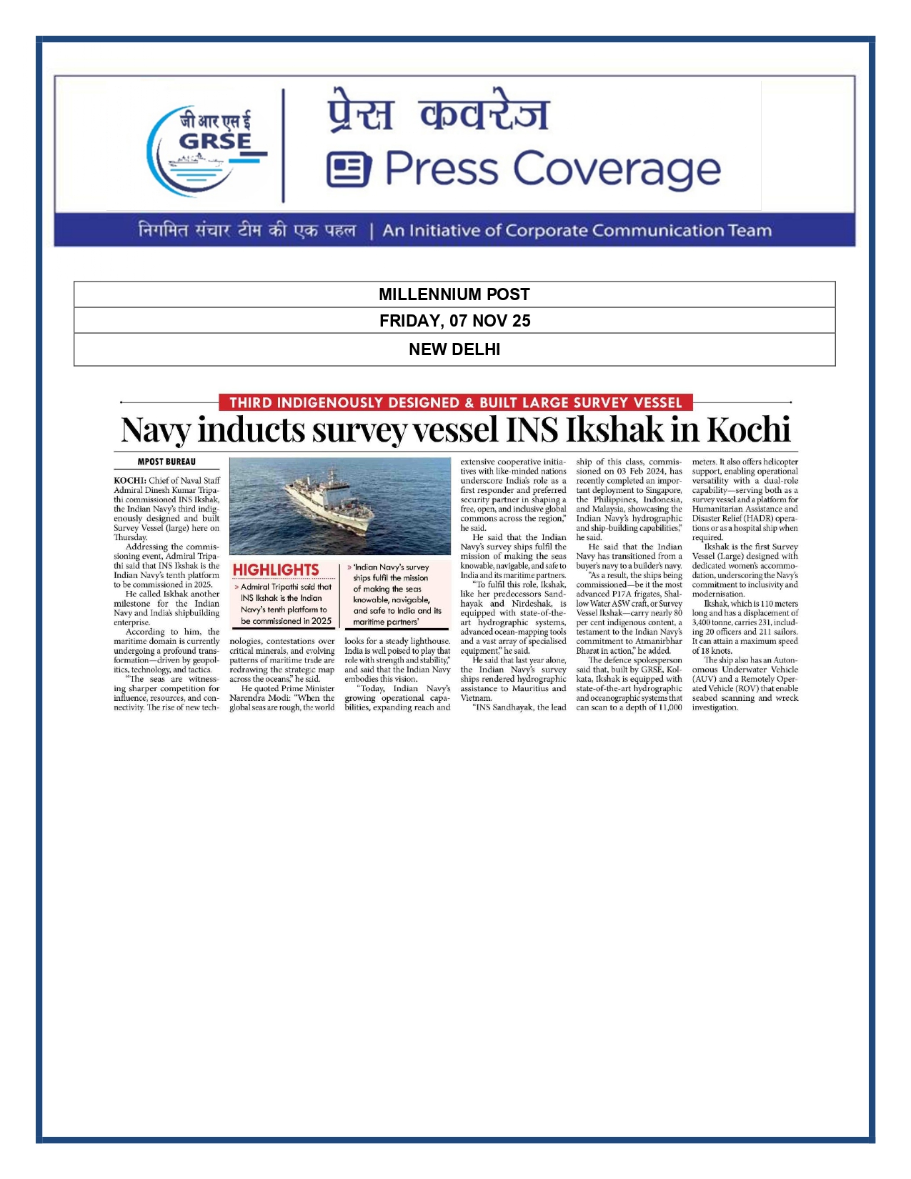   Press Coverage: 07 Nov 25: MILLENNIUM POST  